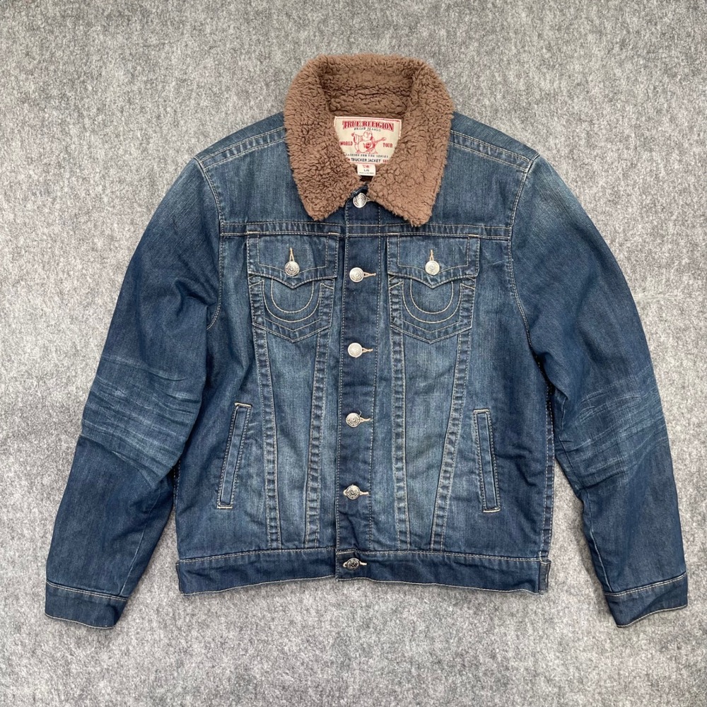 True Religion Trucker Jacket Mens Large Sherpa Collar Denim Blue Medium Wash